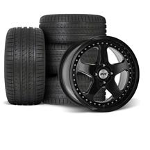 SVE Mustang 4 Lug Saleen SC Style Wheel & Sumitomo Tire Kit - 17x8/9 - Gloss Black w/ Rivets (79-93)