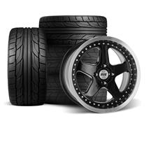 SVE Mustang 4 Lug Saleen SC Style Wheel & Nitto Tire Kit - 17x8/9 - Black w/ Machined Lip & Rivets (79-93)
